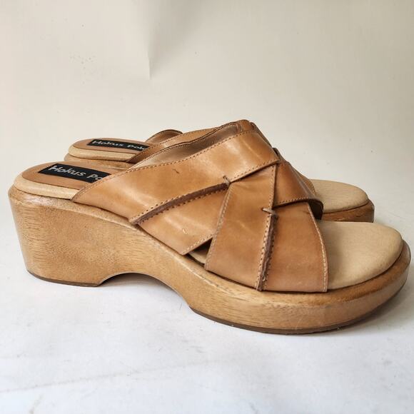 Vtg 90's Y2K Hokus Pokus Wooden Wedge Sandals Size 11M Brown Leather Woven - Picture 6 of 10